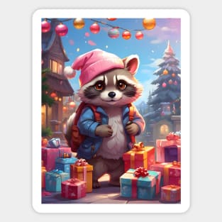 Kawaii Raccoon with Gifts in Winter Wonderland Magnet